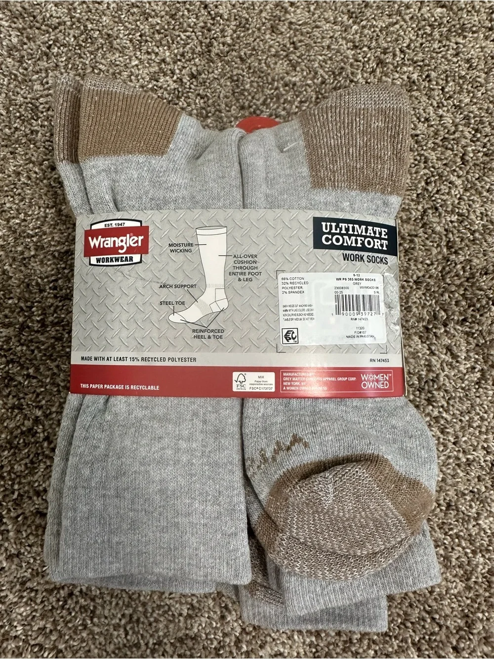 Wrangler Gray Crew Socks with Brown Toe & Heel (6 Pack)